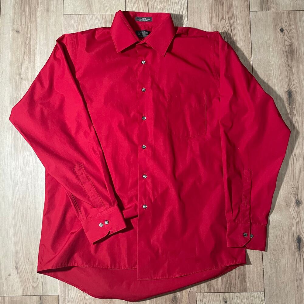 Arrow Poplin Dress Shirt Mens 16 Large Red Button Up Classic Fit
